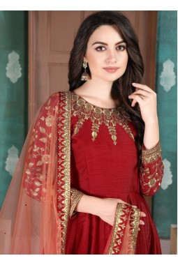 Orange Slub Silk Embroidered Wedding Salwar Kameez