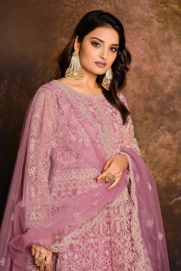 Elegant Pink Zari Embroidered Net Suit Set