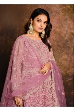 Elegant Pink Zari Embroidered Net Suit Set