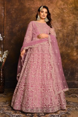 Elegant Pink Zari Embroidered Net Suit Set