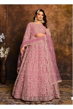 Elegant Pink Zari Embroidered Net Suit Set