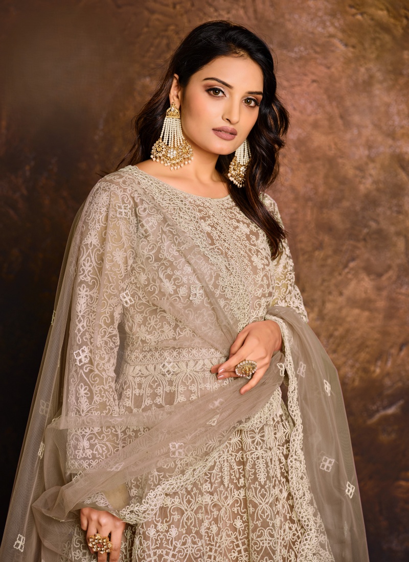 Beige Net Zari Embroidered Wedding Salwar Kameez