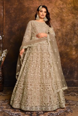 Beige Net Zari Embroidered Wedding Salwar Kameez