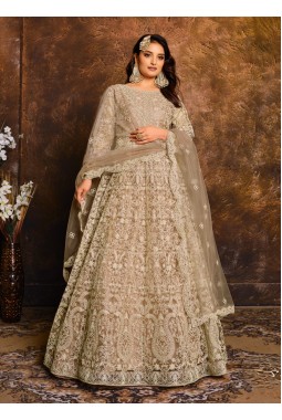 Beige Net Zari Embroidered Wedding Salwar Kameez