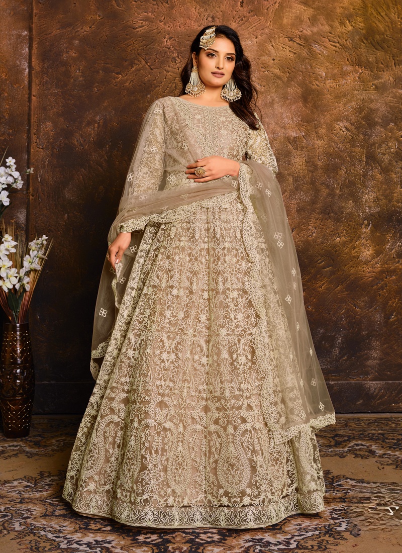 Beige Net Zari Embroidered Wedding Salwar Kameez