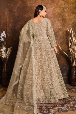 Beige Net Zari Embroidered Wedding Salwar Kameez