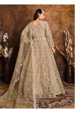 Beige Net Zari Embroidered Wedding Salwar Kameez