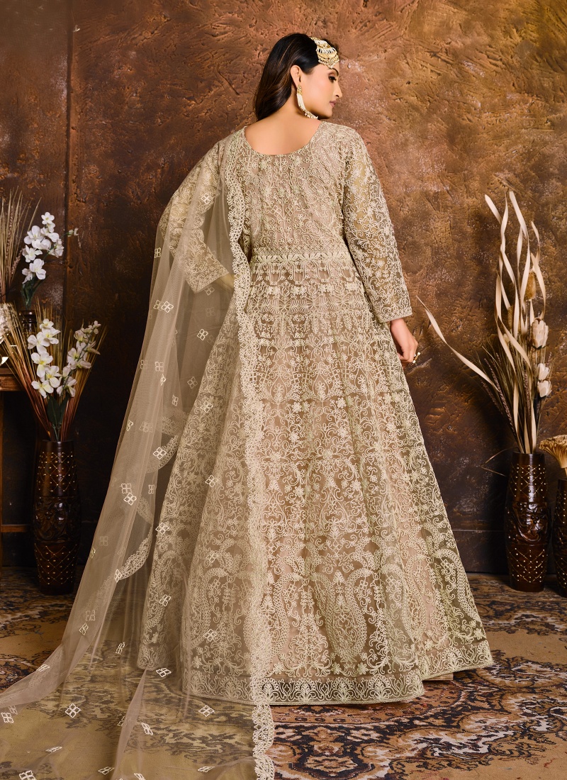 Beige Net Zari Embroidered Wedding Salwar Kameez