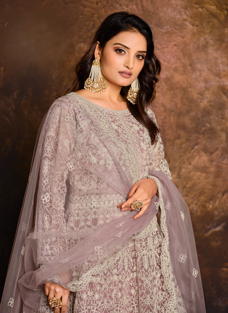 Graceful Lavender Zari Embroidered Net Suit Set