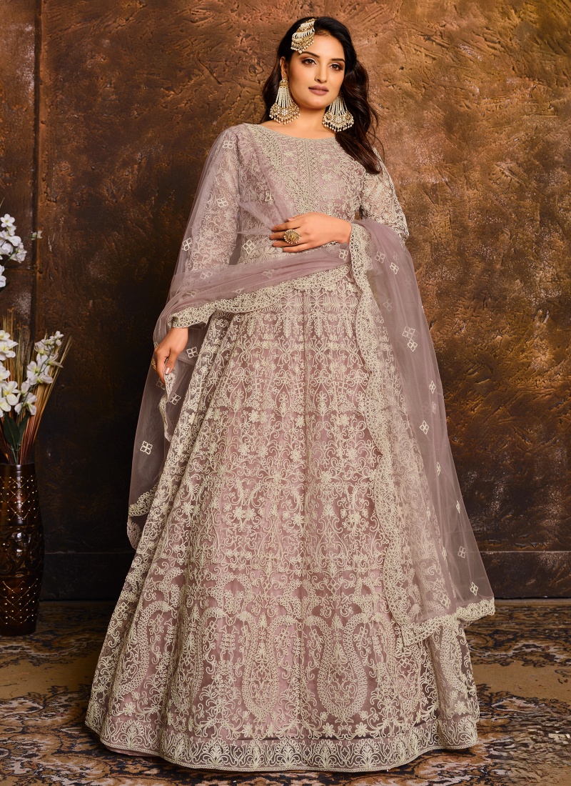 Graceful Lavender Zari Embroidered Net Suit Set