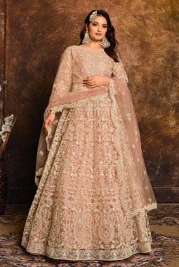 Elegant Peach Zari Embroidered Net Suit Set