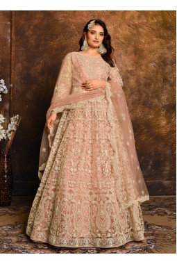 Elegant Peach Zari Embroidered Net Suit Set