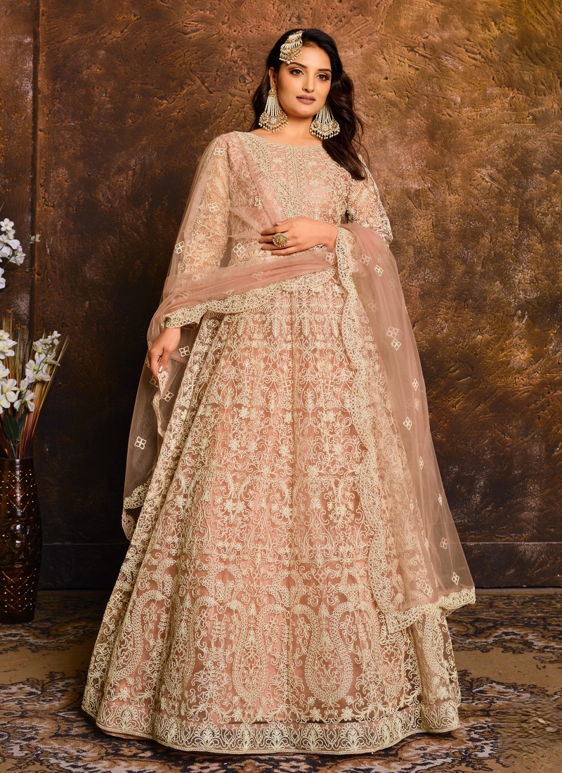 Elegant Peach Zari Embroidered Net Suit Set