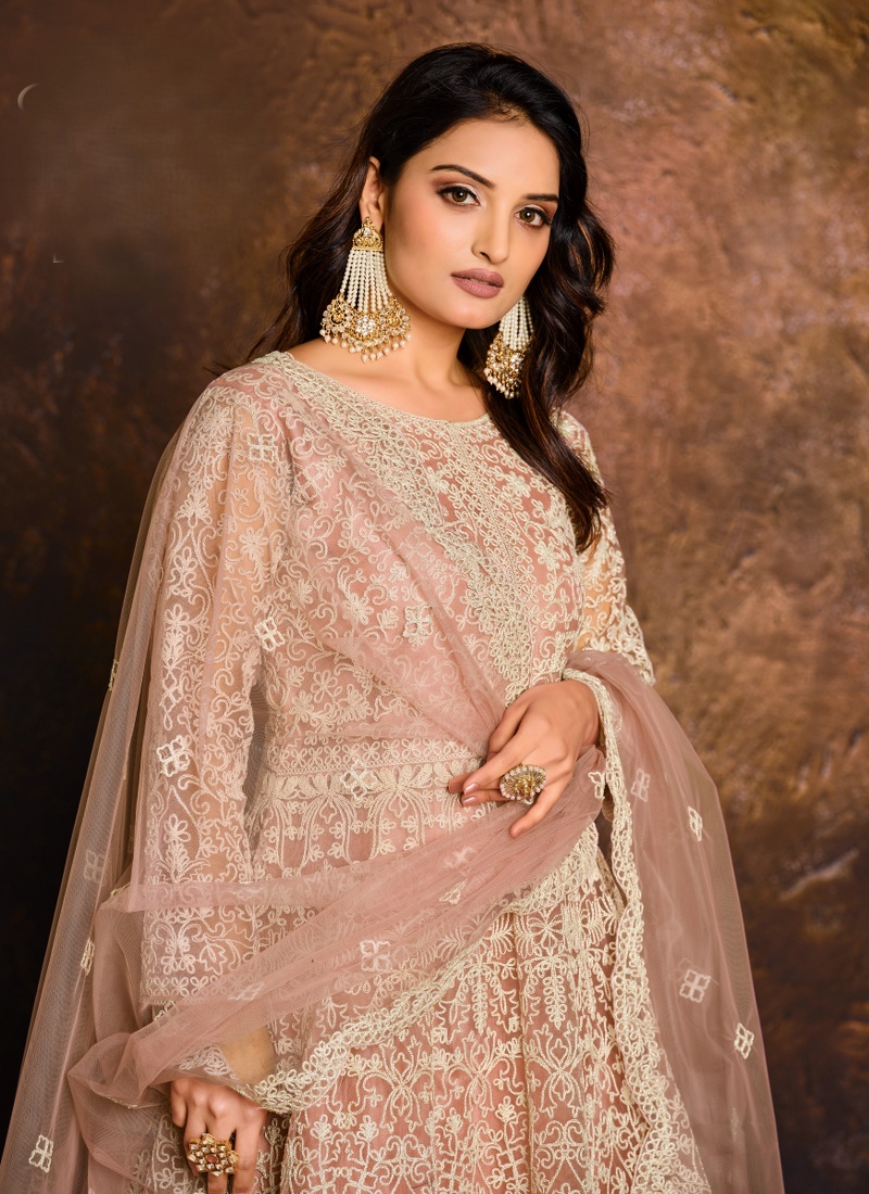 Elegant Peach Zari Embroidered Net Suit Set