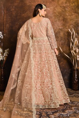 Elegant Peach Zari Embroidered Net Suit Set