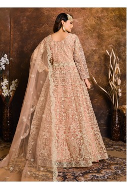 Elegant Peach Zari Embroidered Net Suit Set