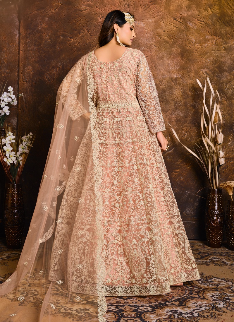 Elegant Peach Zari Embroidered Net Suit Set