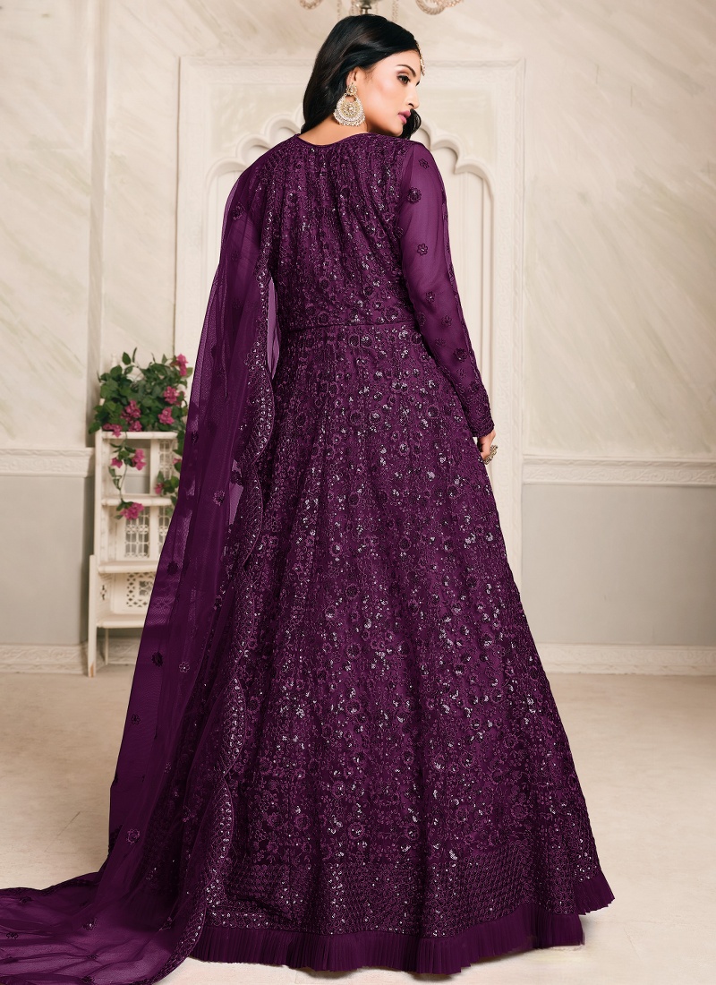 Wine Net Embroidered Wedding Salwar Kameez