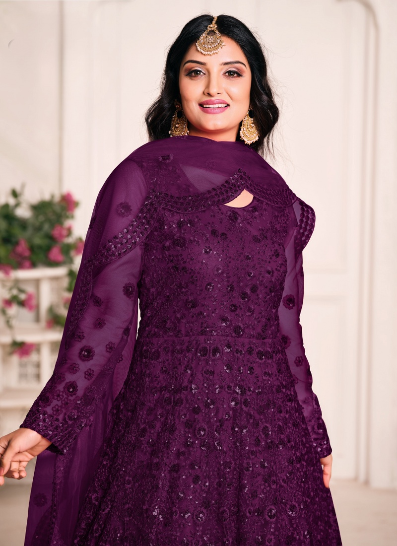 Wine Net Embroidered Wedding Salwar Kameez