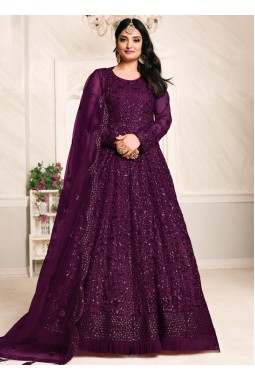 Wine Net Embroidered Wedding Salwar Kameez