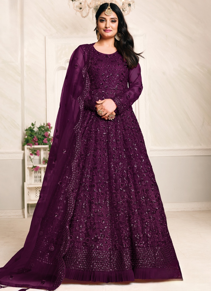 Wine Net Embroidered Wedding Salwar Kameez