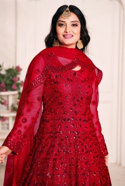 Red Net Sequins Embroidered Wedding Salwar Kameez