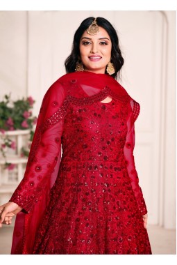 Red Net Sequins Embroidered Wedding Salwar Kameez