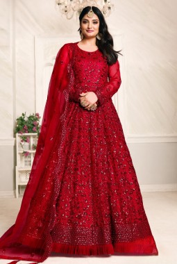 Red Net Sequins Embroidered Wedding Salwar Kameez