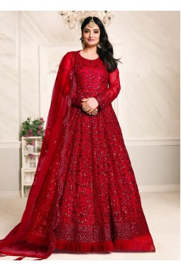 Red Net Sequins Embroidered Wedding Salwar Kameez