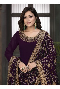 Wine Faux Georgette Stone Embroidered Wedding Salwar Kameez