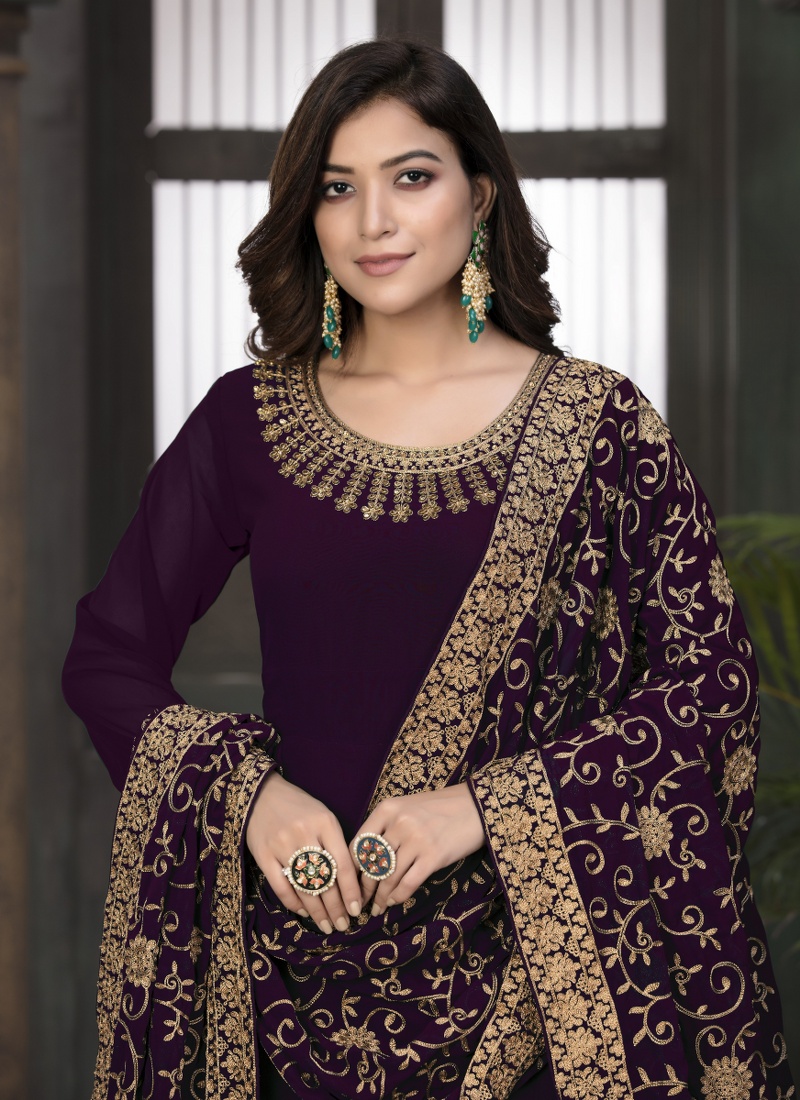 Wine Faux Georgette Stone Embroidered Wedding Salwar Kameez