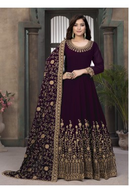 Wine Faux Georgette Stone Embroidered Wedding Salwar Kameez