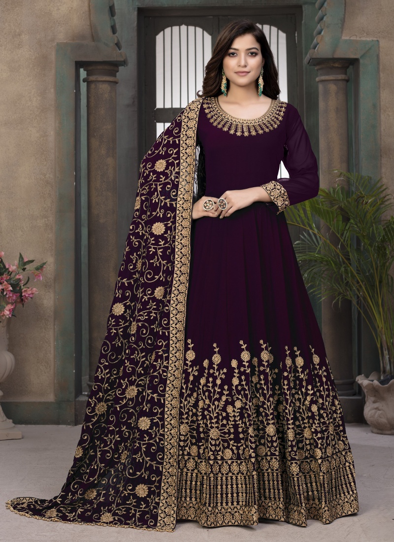 Wine Faux Georgette Stone Embroidered Wedding Salwar Kameez