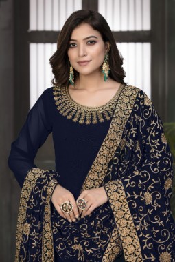 Navy Blue Georgette Embroidered Wedding Salwar Kameez