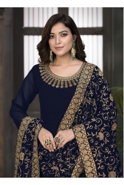 Navy Blue Georgette Embroidered Wedding Salwar Kameez