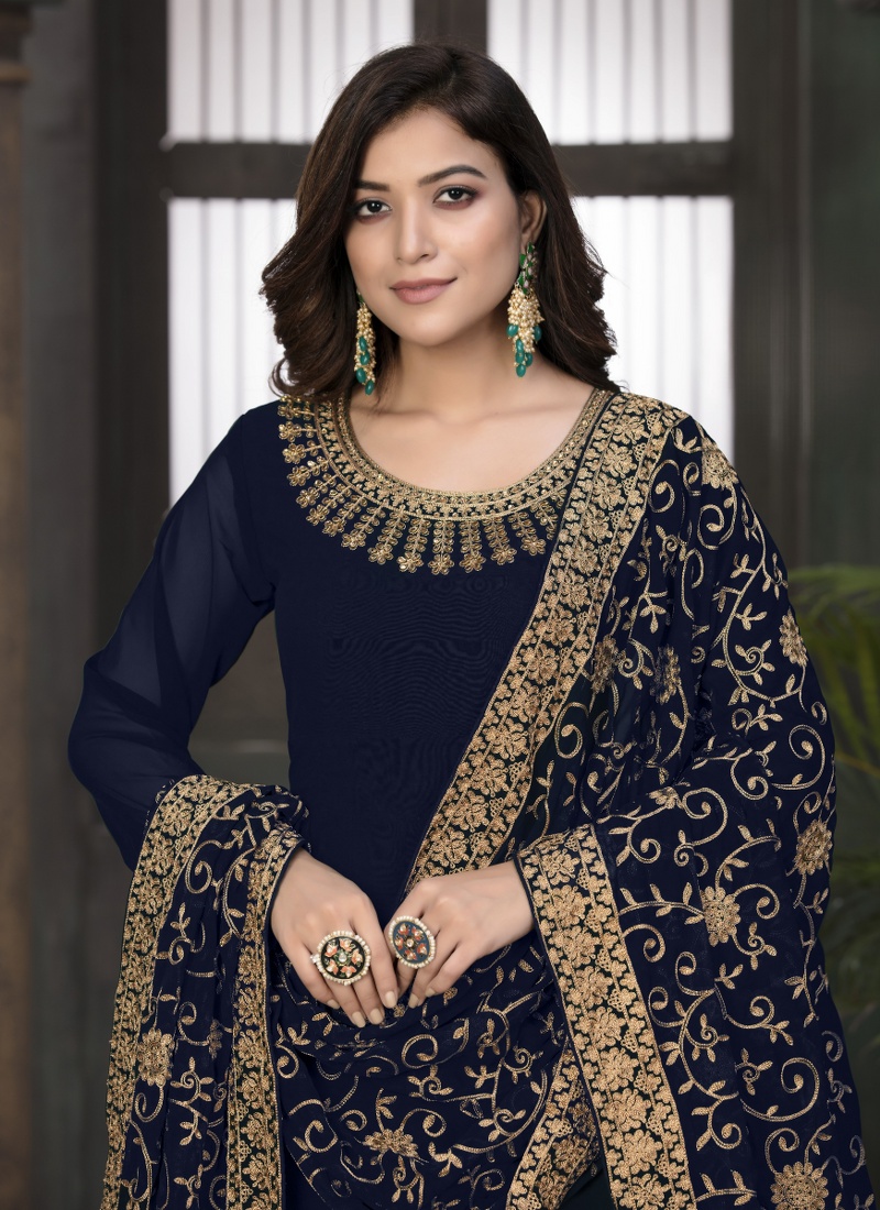 Navy Blue Georgette Embroidered Wedding Salwar Kameez