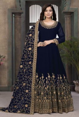 Navy Blue Georgette Embroidered Wedding Salwar Kameez