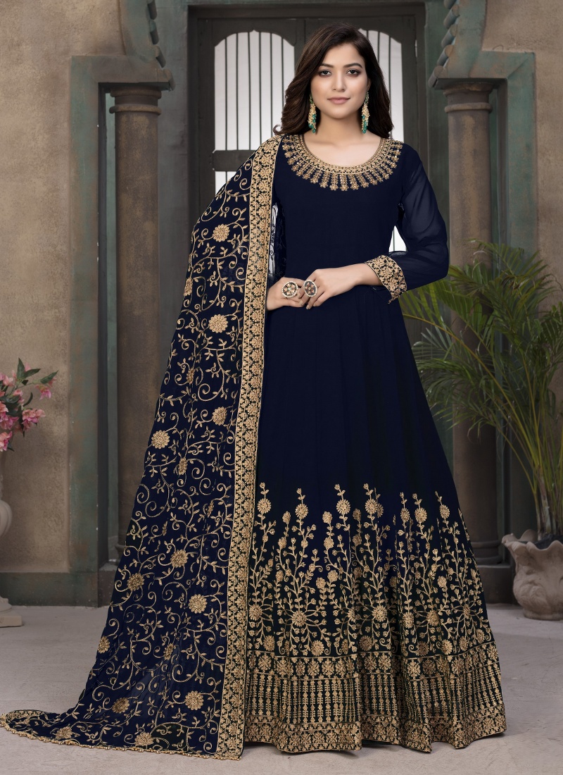 Navy Blue Georgette Embroidered Wedding Salwar Kameez