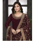 Maroon Faux Georgette Stone Embroidered Wedding Salwar Kameez