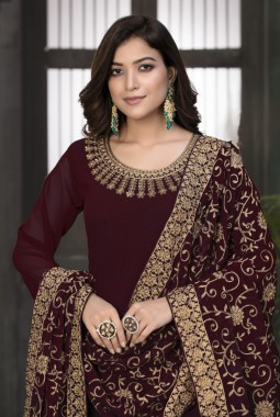 Maroon Faux Georgette Stone Embroidered Wedding Salwar Kameez