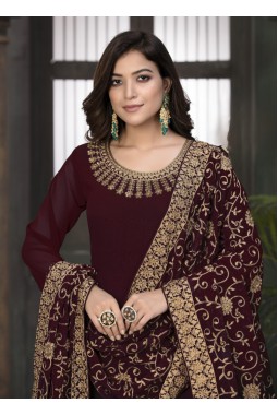 Maroon Faux Georgette Stone Embroidered Wedding Salwar Kameez