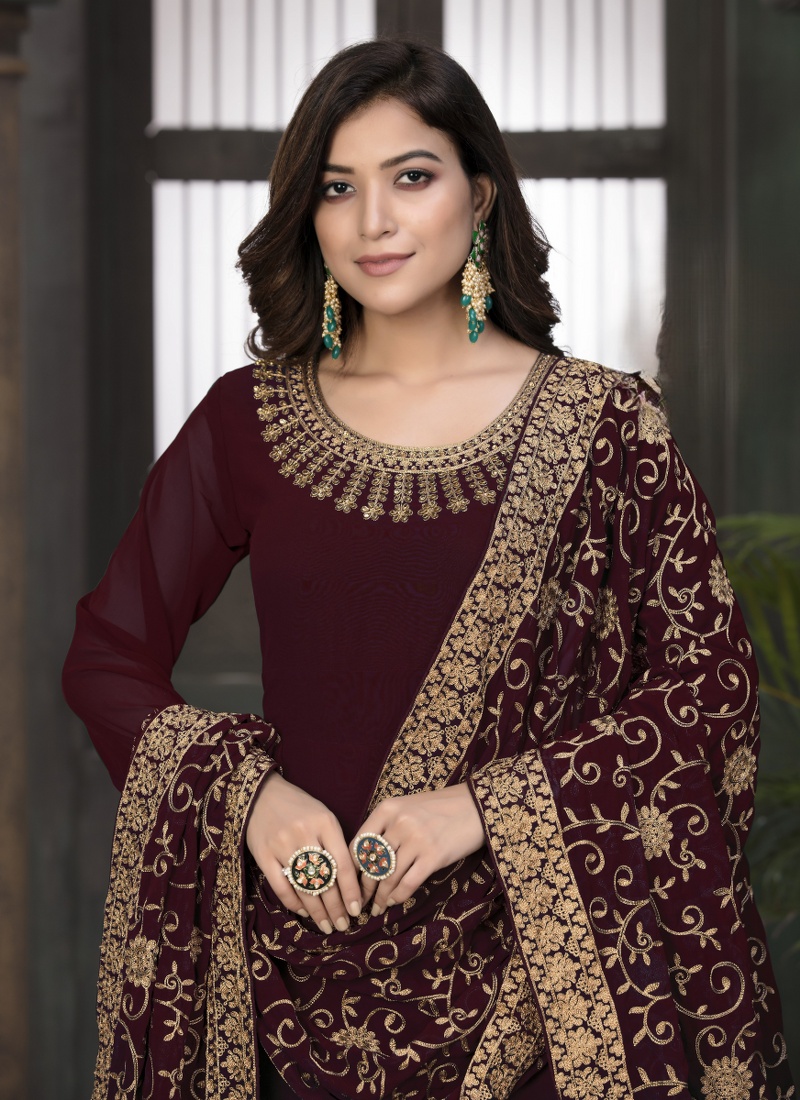 Maroon Faux Georgette Stone Embroidered Wedding Salwar Kameez