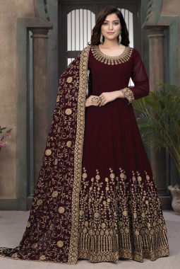 Maroon Faux Georgette Stone Embroidered Wedding Salwar Kameez