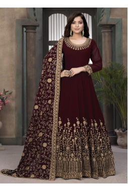 Maroon Faux Georgette Stone Embroidered Wedding Salwar Kameez