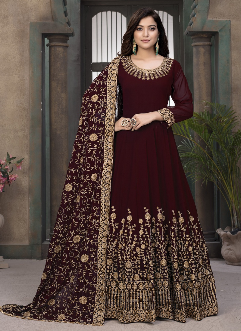 Maroon Faux Georgette Stone Embroidered Wedding Salwar Kameez