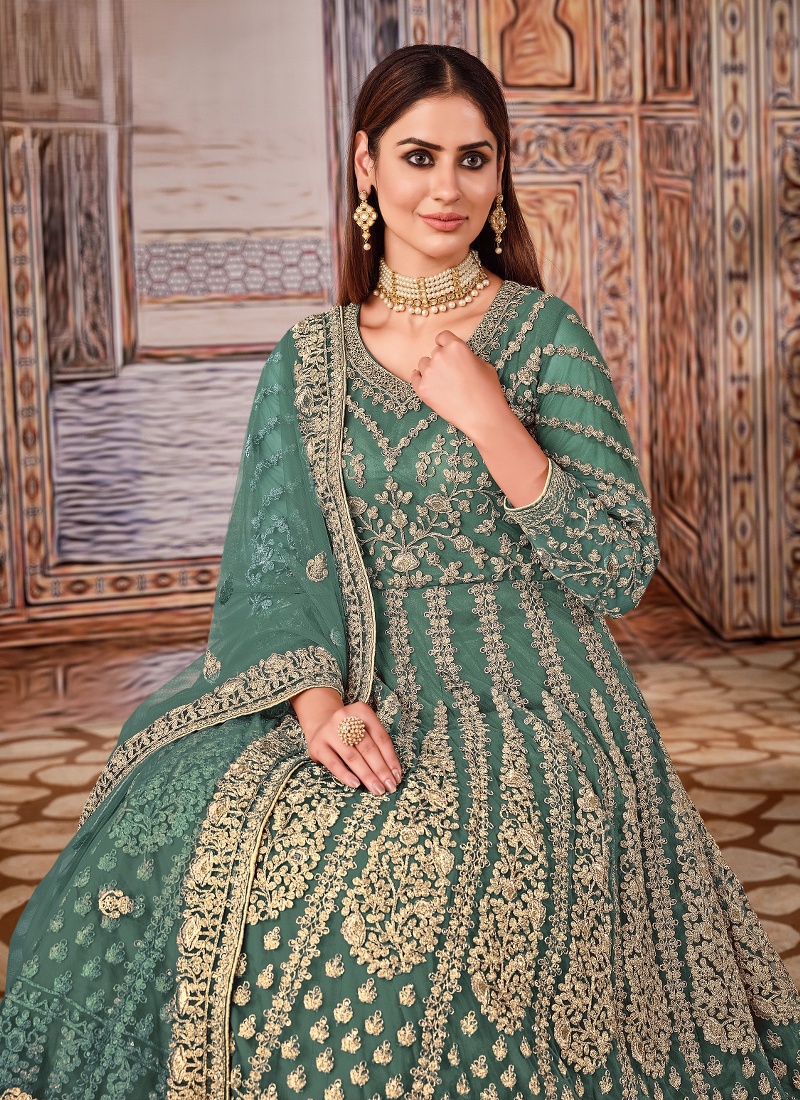 Sea Green Net Sequins Embroidered Wedding Salwar Kameez