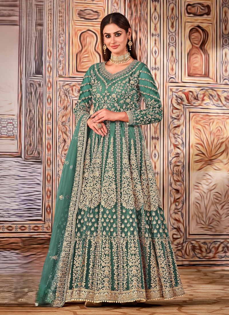 Sea Green Net Sequins Embroidered Wedding Salwar Kameez