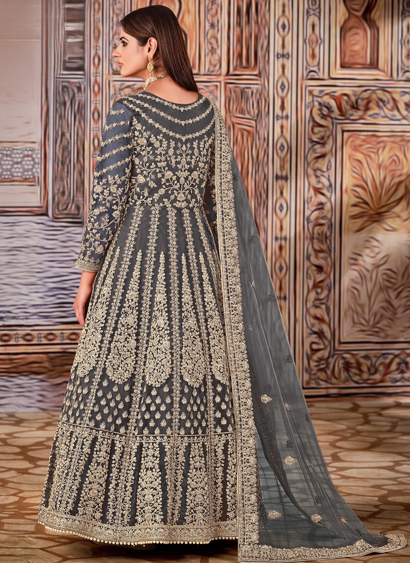 Grey Net Zari Embroidered Wedding Salwar Kameez