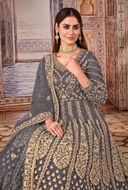 Grey Net Zari Embroidered Wedding Salwar Kameez
