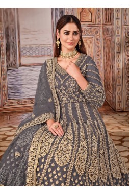Grey Net Zari Embroidered Wedding Salwar Kameez